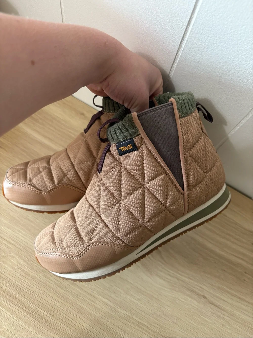 Teva Taupe Quilted Slip-On Ankle Boot with Olive Knit Collar
